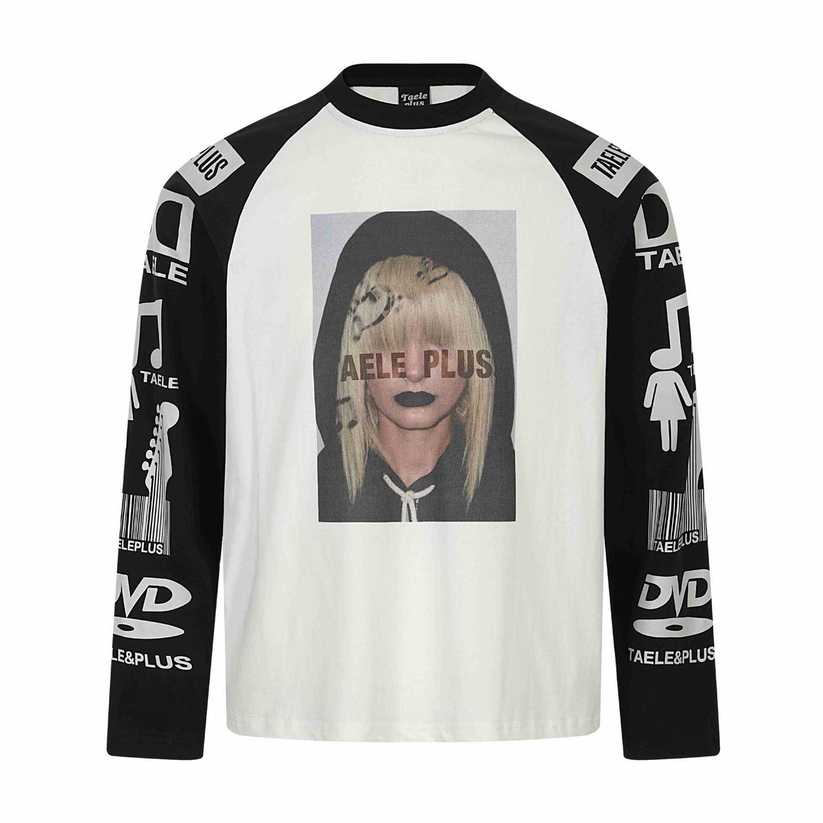 Graphic T-Shirt with Music Note Print, Color Block Drop Shoulder, Loose Fit Long Sleeve