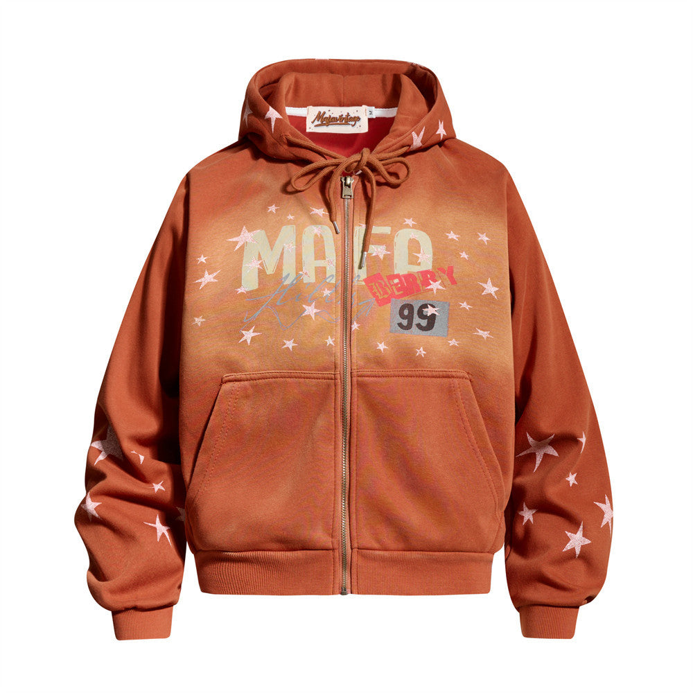 Full printed star hooded cardigan sweatshirt