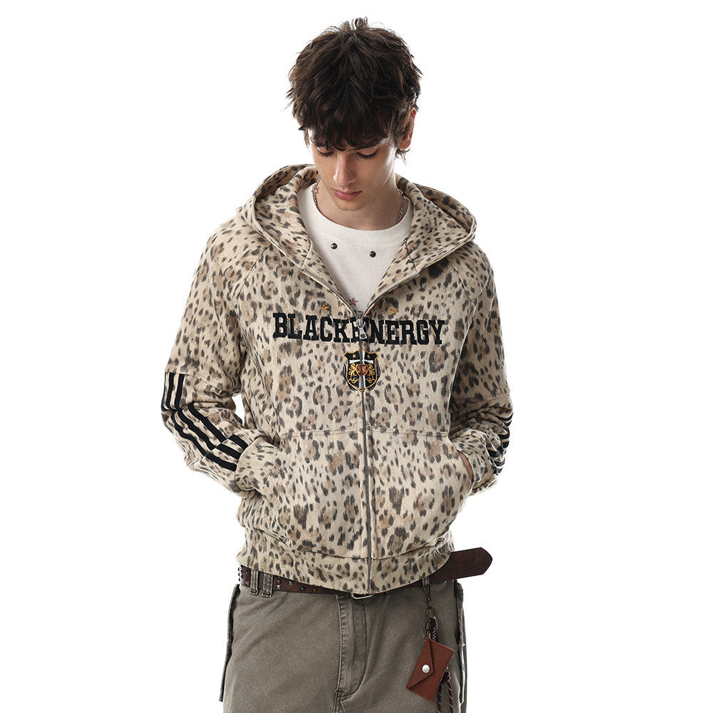 Leopard print hooded cardigan sweatshirt