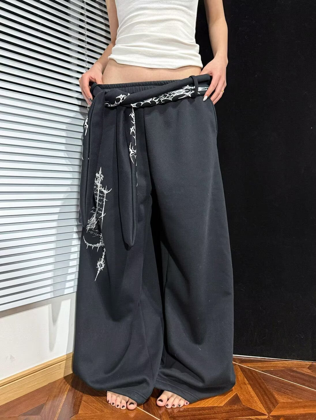 Street Style Pattern Print Detachable Ribbon Multi-Wear Wide Leg Pants