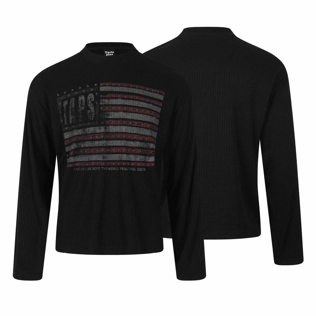 Long Sleeve Regular Shoulder  Distressed Printing Ribbed Texture  T-Shirt