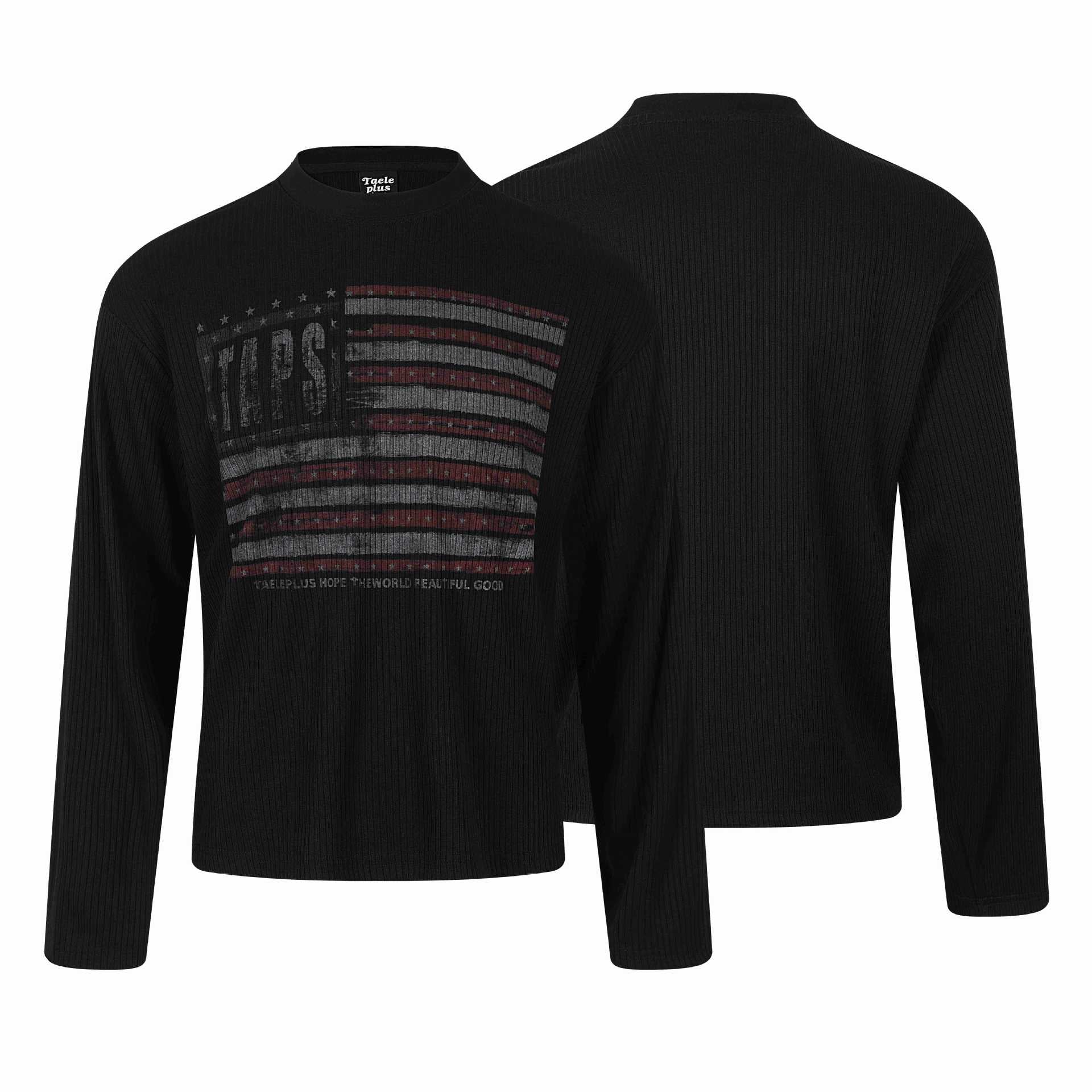 Long Sleeve Regular Shoulder  Distressed Printing Ribbed Texture  T-Shirt