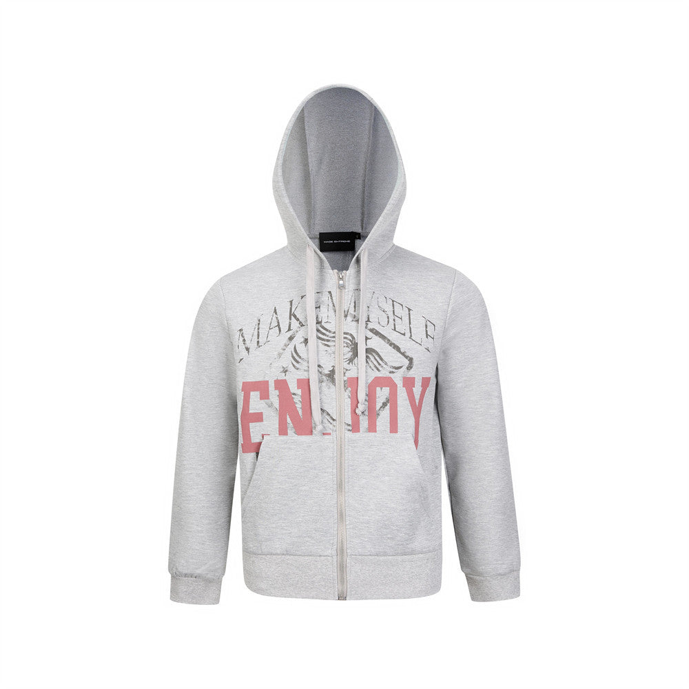 Letter printed hooded cardigan sweatshirt