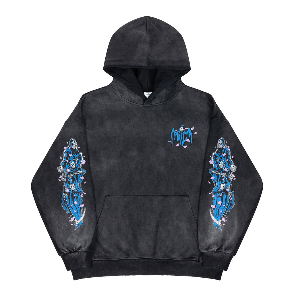 Washed Grim Reaper Print Fleece Hoodie for Men