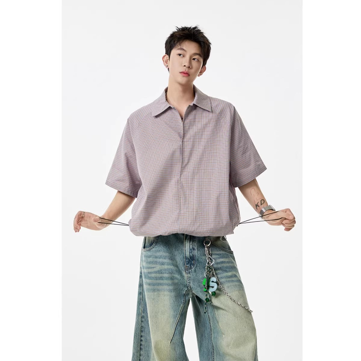 Retro Boyish Checkered Short Sleeve Shirt for Men