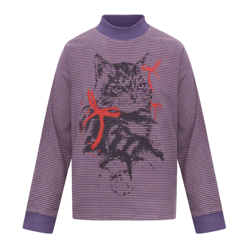 Cat Print Long Sleeve High Neck Men's T-Shirt