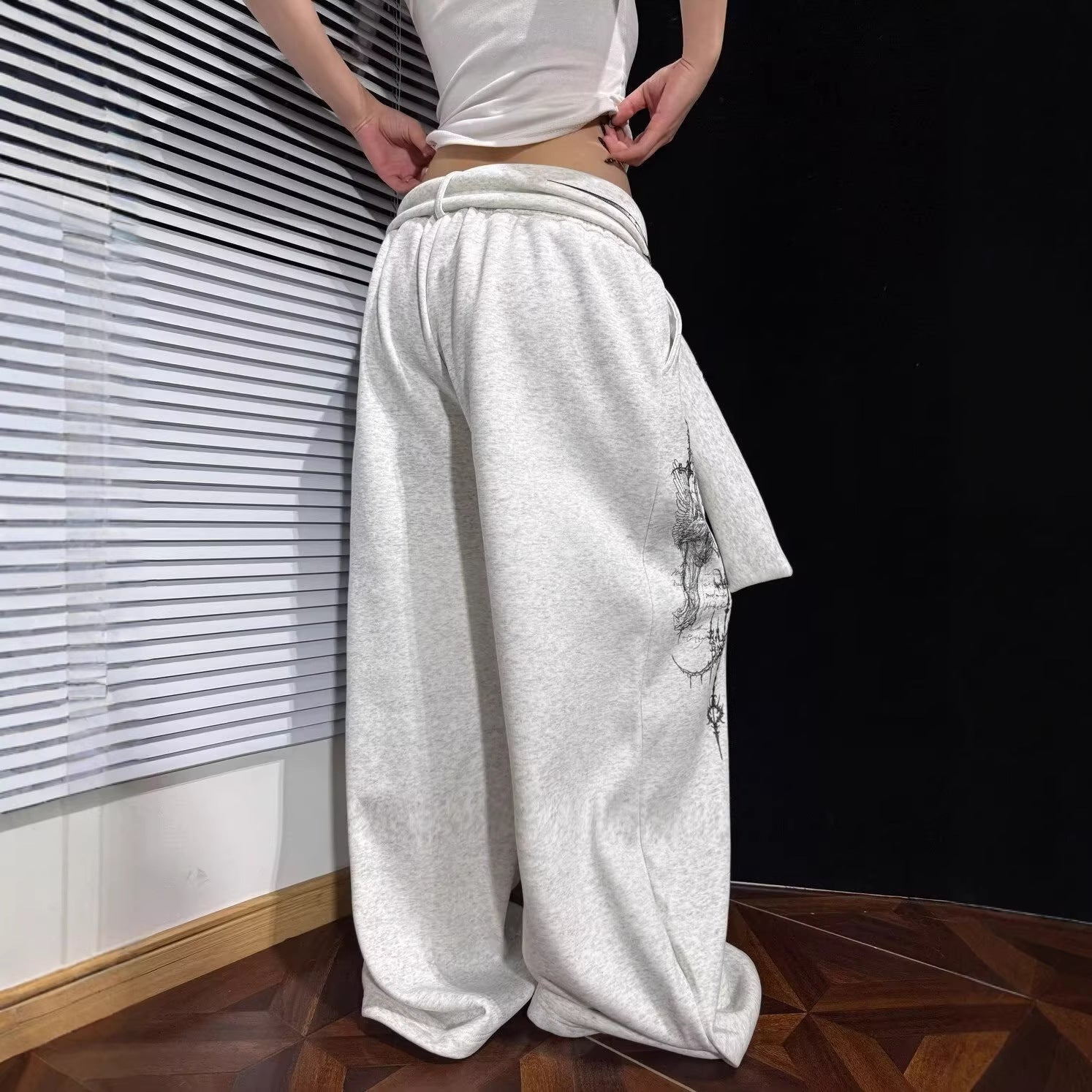 Street Style Pattern Print Detachable Ribbon Multi-Wear Wide Leg Pants