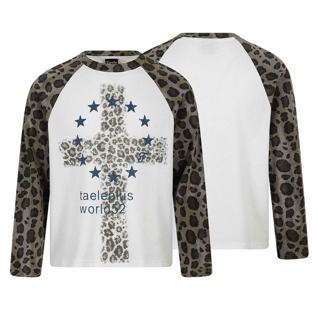 Streetwear Leopard Print Color-Blocked Shoulder Long Sleeve T-Shirt for Men