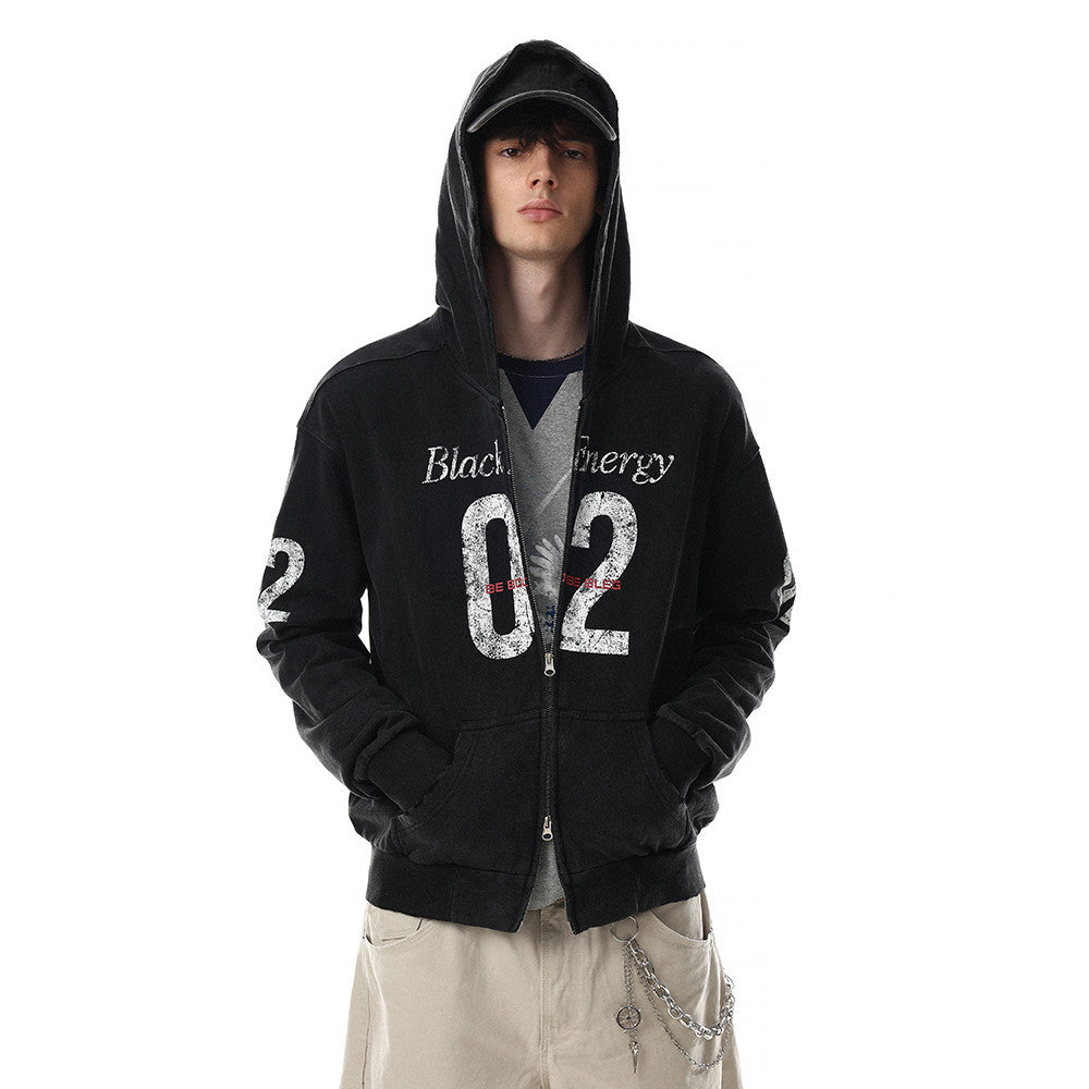 02 Number Used Dirty Hooded Cardigan Sweatshirt