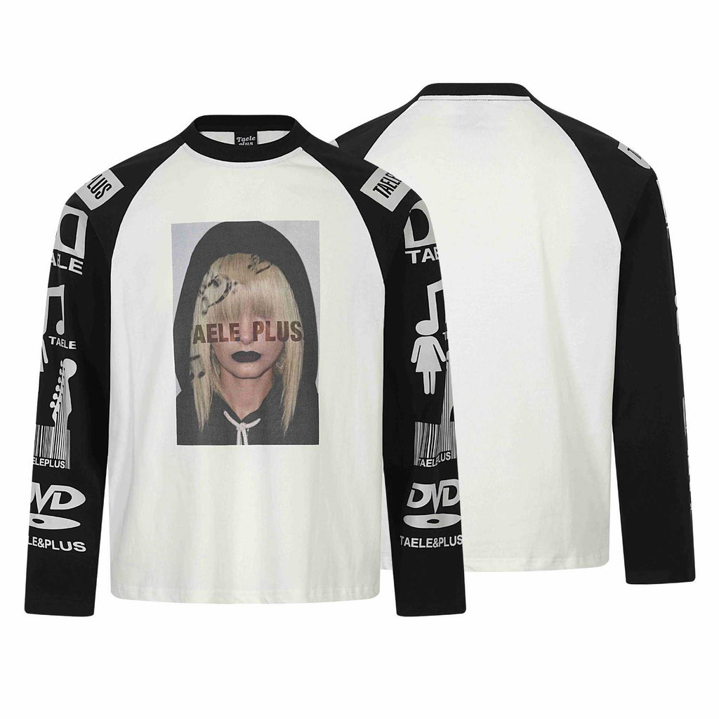 Graphic T-Shirt with Music Note Print, Color Block Drop Shoulder, Loose Fit Long Sleeve