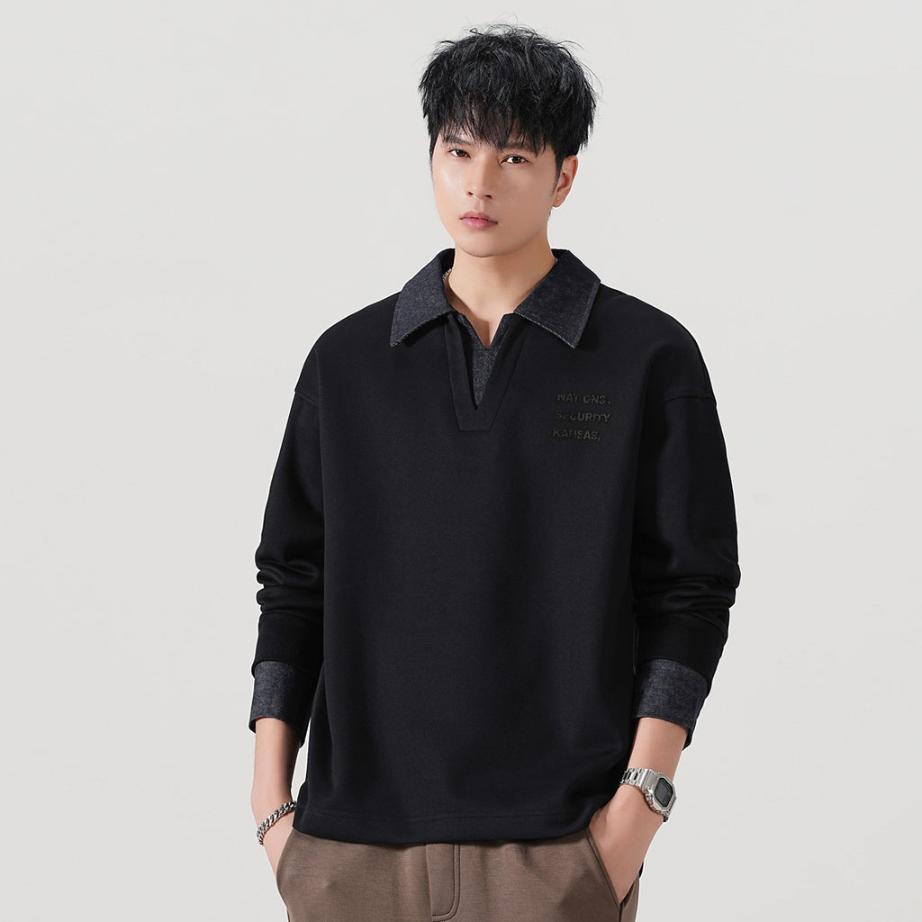 Denim Splicing Long Sleeve Polo Collar Sweatshirt for Men