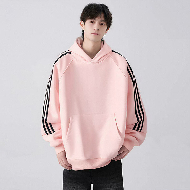 Three Stripes Hooded Sweatshirt Men  Vintage Streetwear Casual Loose Outerwear