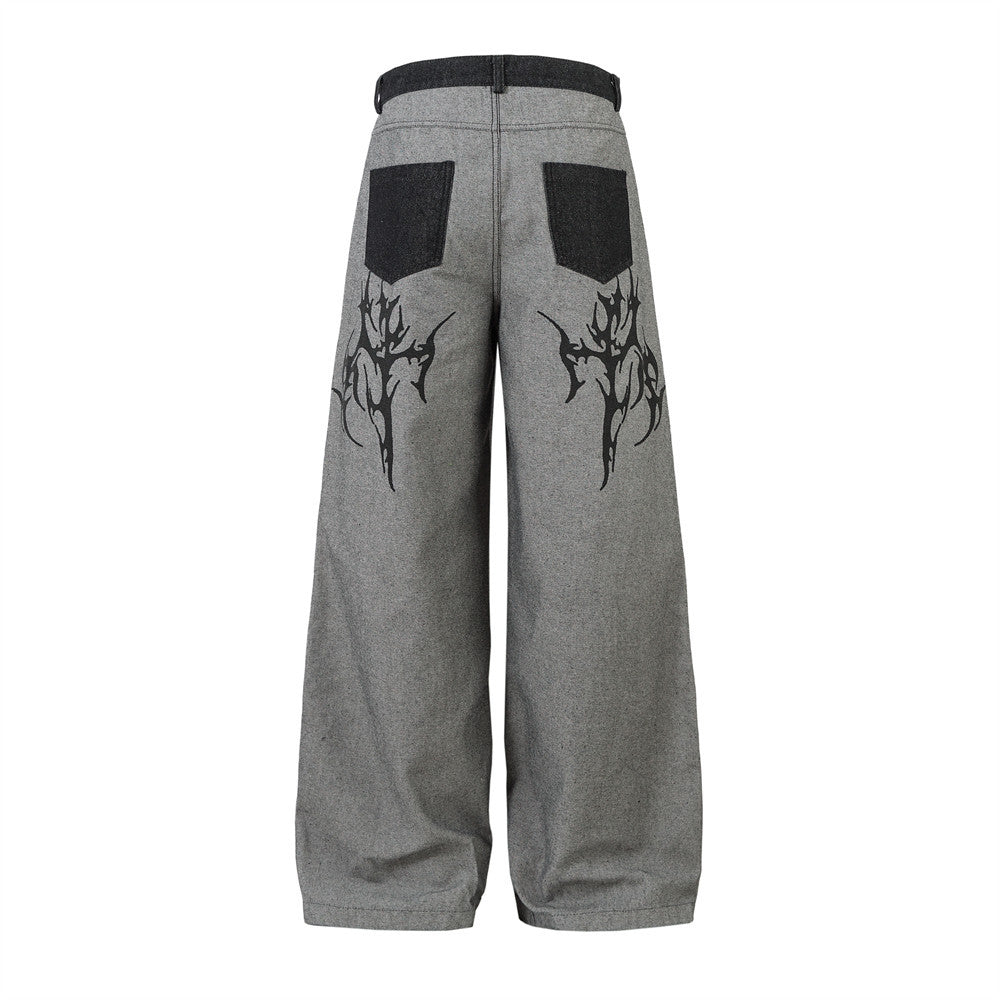 Street Design Totem Thorns Print Denim Long Pants Men's Reverse Wear Personality Loose Wide Leg Floor-Length Trousers