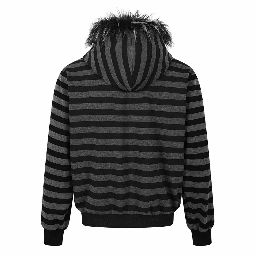 Stripe Fur Collar Cardigan with Music Note Print Knit Hoodie Jacket